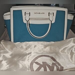 Authentic Michael Kors Selma Top Zip Aqua Blue/White Satchel Purse w/ MK dustbag
